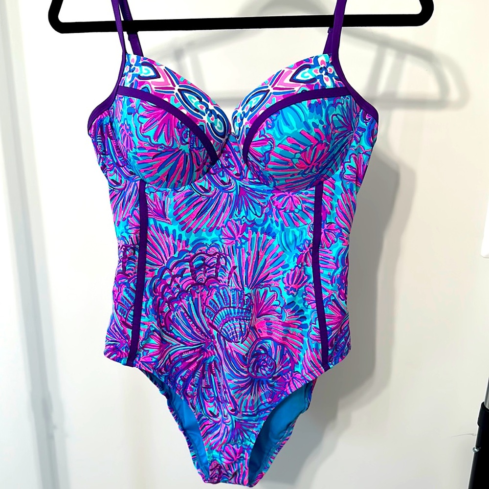 Lilly Pulitzer Palma Swimsuit Turquoise Oasis Shelleidescope Sz 12 EUC Like New